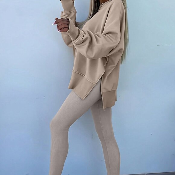 B326 Tan Solid Color Oversize Slit Sweatshirt and Ribbed Leggings 2 pc Set - Picture 4 of 5